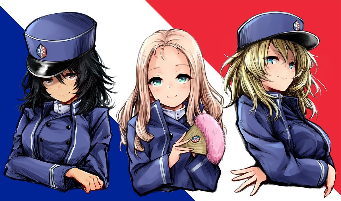 3girls andou_(girls_und_panzer) bangs bc_freedom_(emblem) bc_freedom_military_uniform black_hair blonde_hair blue_eyes blue_headwear blue_jacket blue_vest brown_eyes closed_mouth commentary cropped_torso crossed_arms dark_skin dress_shirt drill_hair emblem fan flag_background folding_fan french_flag girls_und_panzer green_eyes harino646 hat high_collar holding holding_fan jacket kepi long_hair long_sleeves looking_at_viewer marie_(girls_und_panzer) medium_hair messy_hair military military_hat military_uniform multiple_girls oshida_(girls_und_panzer) shirt smile sweater_around_neck uniform vest white_shirt