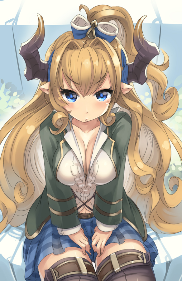 1girl blonde_hair blue_eyes blush breasts casual cleavage collarbone color_73 commentary_request draph eyebrows_visible_through_hair granblue_fantasy horns large_breasts long_hair one_side_up parted_lips plaid plaid_skirt pleated_skirt pointy_ears rastina sitting skirt solo thighhighs v-shaped_eyebrows very_long_hair