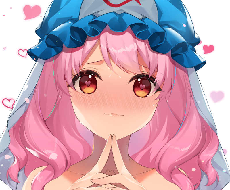 1girl :3 bangs bare_shoulders blue_headwear blush collarbone commentary_request eyebrows_visible_through_hair fingers_together hat heart heart-shaped_pupils long_hair looking_at_viewer mob_cap nose_blush own_hands_together petals pink_hair portrait red_eyes roh_nam_kyung saigyouji_yuyuko simple_background smile solo symbol-shaped_pupils touhou triangular_headpiece veil white_background