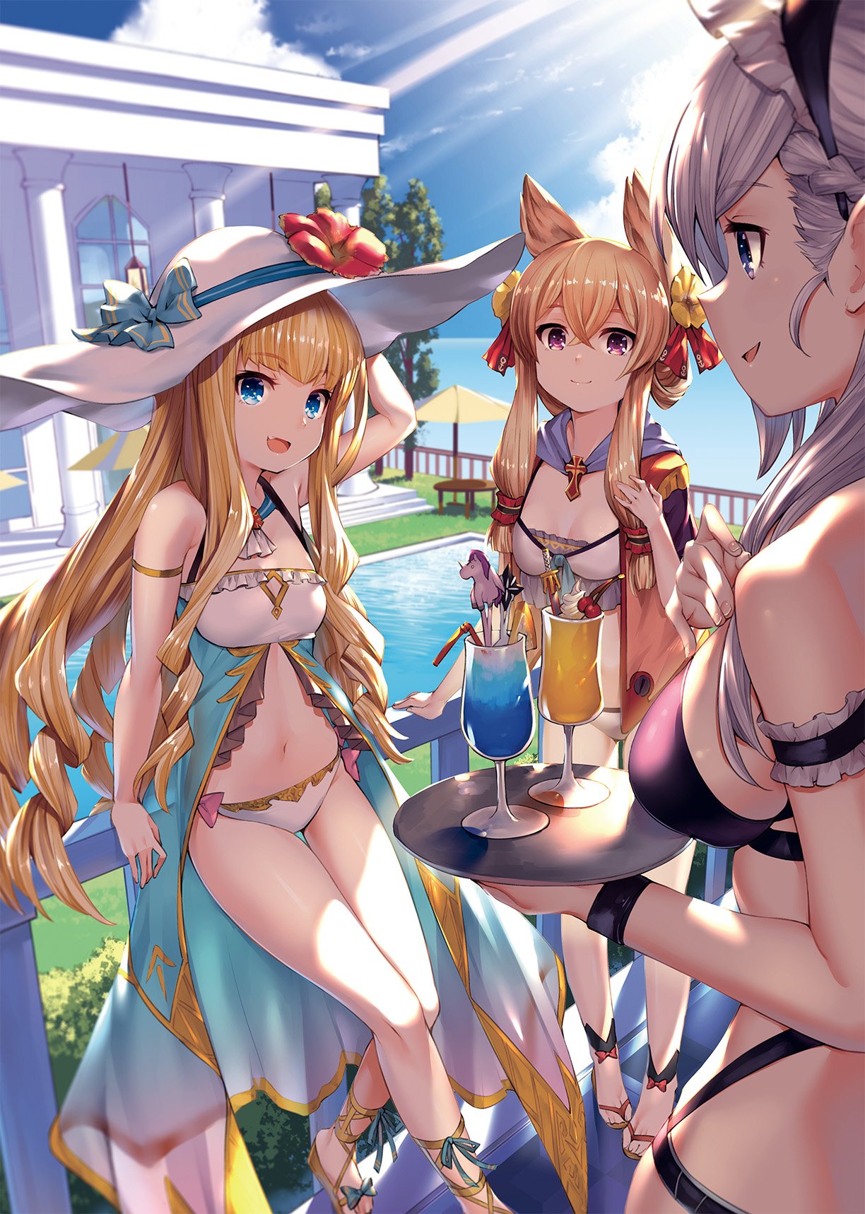 3girls :d akanagi_youto arm_support arm_up azur_lane bangs bare_legs bare_shoulders belfast_(azur_lane) bikini black_bikini blonde_hair blue_bow blue_eyes blue_sky bow braid breasts building cherry cleavage cloud column commentary_request cup day drinking_glass drinking_straw eyebrows_visible_through_hair fang feet_out_of_frame flower food french_braid fruit hair_between_eyes hair_ribbon hairband hand_on_headwear hat hat_bow hat_flower hibiscus highres holding holding_tray large_breasts light_rays long_hair looking_at_another multiple_girls navel open_mouth outdoors pillar pointy_hair pool portrait profile queen_elizabeth_(azur_lane) railing red_flower red_ribbon ribbon sandals silver_hair sky small_breasts smile standing stomach sun_hat swimsuit table thighs tray tree umbrella warspite_(azur_lane) white_bikini white_headwear window wristband yellow_flower