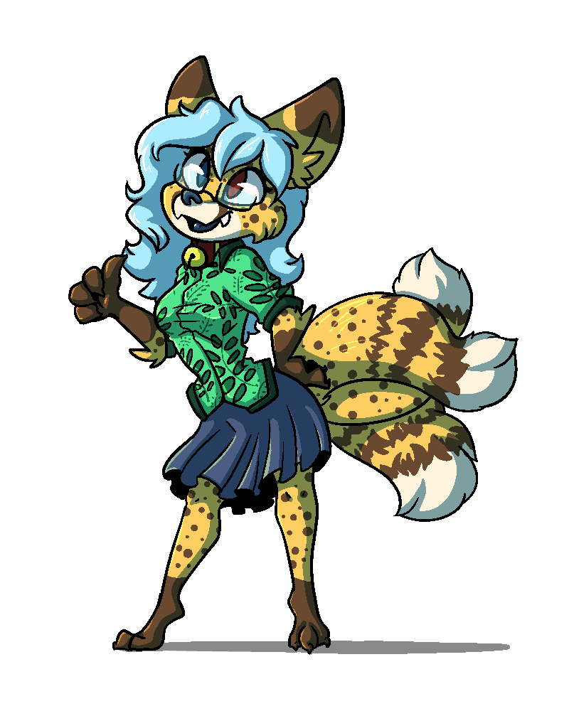 bell blue_eyes blue_hair blue_nose blue_tongue bottomwear canid canine cheetah clothing collar digitigrade eyewear felid feline female fox glasses hair hawaiian_shirt heterochromia hybrid mammal miakameron multi_tail neko_ed red_eyes shirt skirt tongue topwear