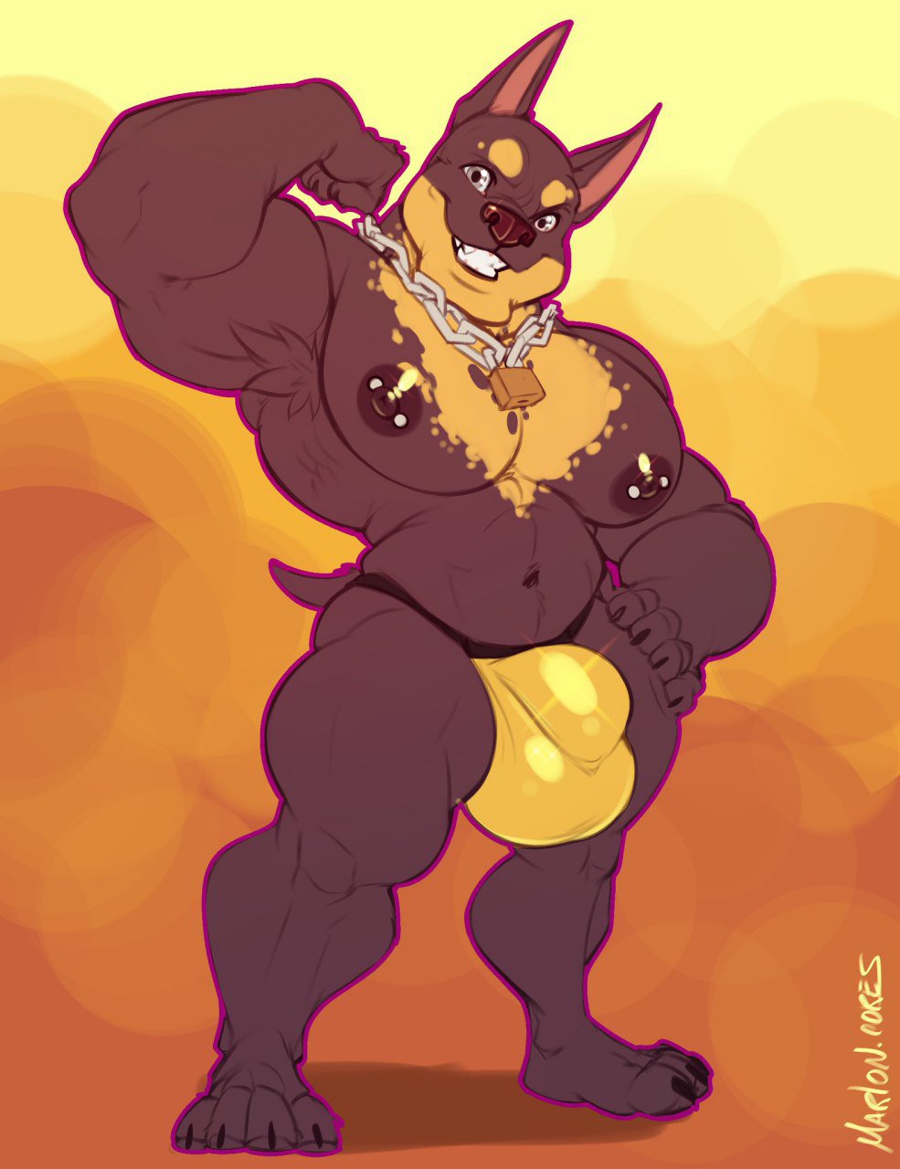 2019 anthro big_muscles big_pecs black_body black_fur black_nipples black_nose brown_body brown_fur bulge canid canine canis chain clothing dobermann domestic_dog flexing fur grey_eyes hi_res huge_bulge jewelry male mammal marlon.cores multicolored_body multicolored_fur muscular muscular_male necklace nipple_piercing nipples pecs piercing pinscher plantigrade smile solo standing thong two_tone_body two_tone_fur