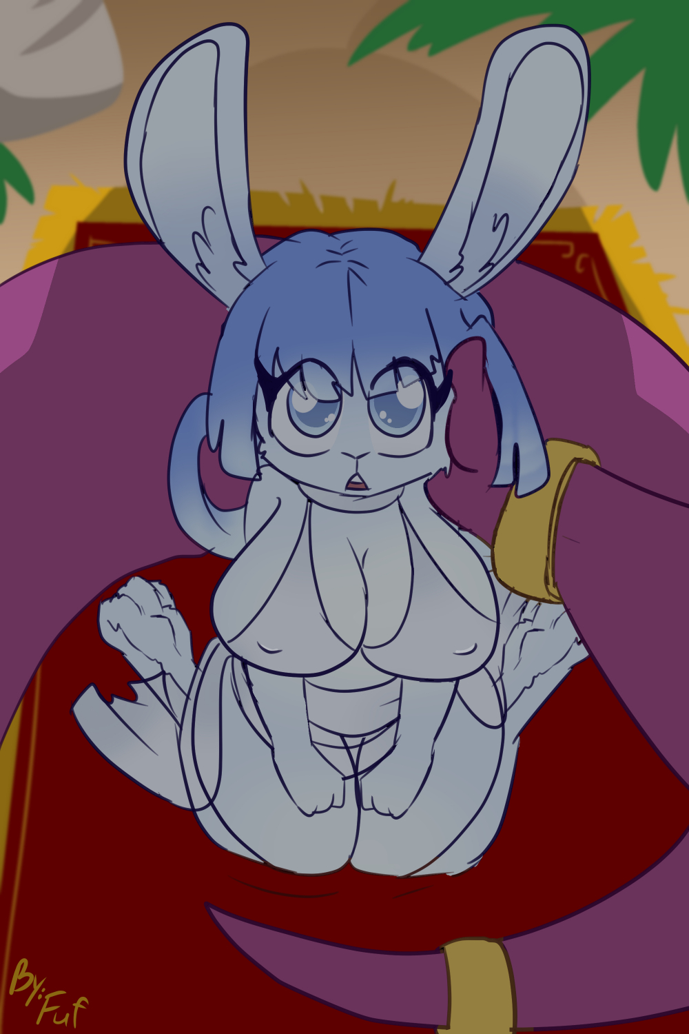 ambiguous_gender anthro big_breasts blue_body blue_eyes blue_fur blue_hair breasts caress clothing female first_person_view fuf fur hair hi_res lagomorph leporid long_tail looking_up mammal open_mouth rabbit shadow simple_background unknown_species