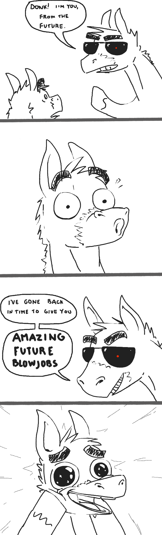 anthro asinus big_eyes black_and_white comic dialogue donk_(vawfag) donkey duo english_text equid equine eyewear grin gud head_tuft hi_res hooves joy male mammal monochrome open_mouth shocked simple_background smile speech_bubble sunglasses teeth text white_background