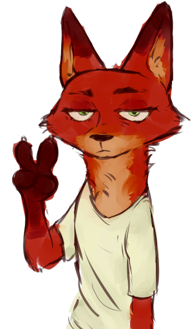 anthro bate_(artist) brown_body brown_fur canid canine cheek_tuft claws clothing dipstick_ears disney fox front_view fur gesture gloves_(marking) half-closed_eyes half-length_portrait male mammal markings multicolored_ears neck_tuft nick_wilde portrait red_body red_fox red_fur shirt simple_background solo t-shirt topwear tuft v_sign white_background zootopia