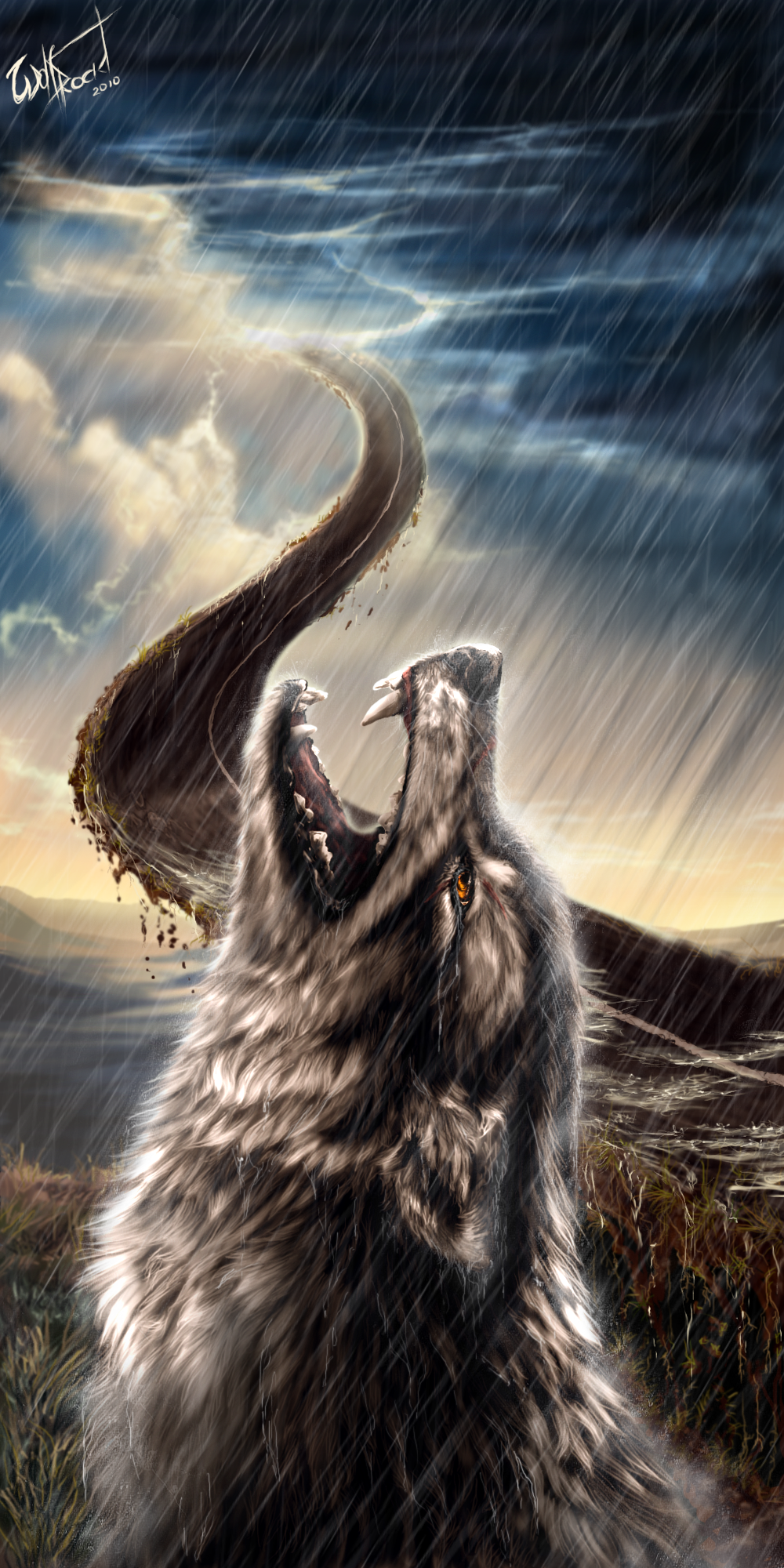 2010 amber_eyes ambiguous_gender black_lips canid canine canis day detailed_background digital_media_(artwork) feral headshot_portrait hi_res lips mammal open_mouth outside portrait raining sky solo teeth tongue wolf wolfroad