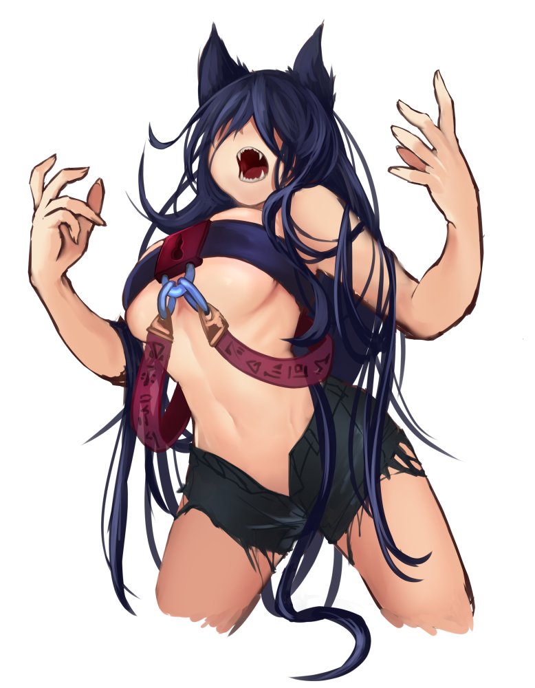 1girl animal_ears arms_up bare_chest black_bra black_hair black_shorts bra breasts covered_eyes fangs hair_over_eyes keyhole keyhole_bra large_breasts long_hair messy_hair navel no_legs no_nose open_clothes open_mouth open_shorts original sakura_inu sharp_teeth shorts simple_background solo tagme teeth torn_clothes underwear very_long_hair white_background