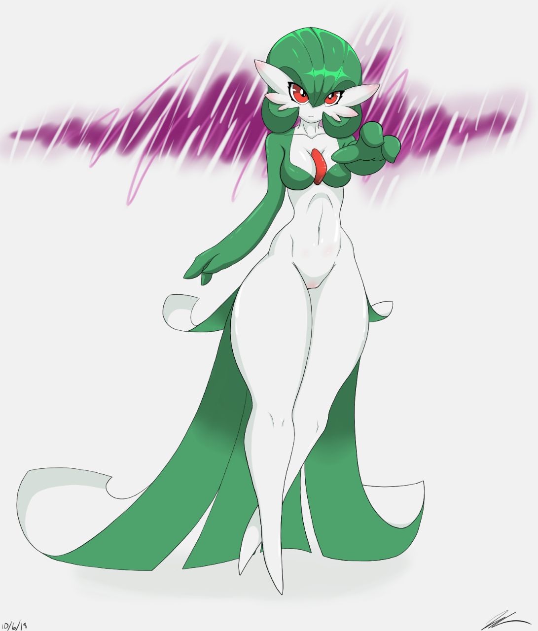 abstract_background breasts clothing curvaceous dress female frown gardevoir glistening glistening_body glistening_skin hi_res humanoid jeffthehusky nintendo not_furry pok&eacute;mon pok&eacute;mon_(species) reaching red_eyes solo standing thick_thighs video_games white_body white_skin
