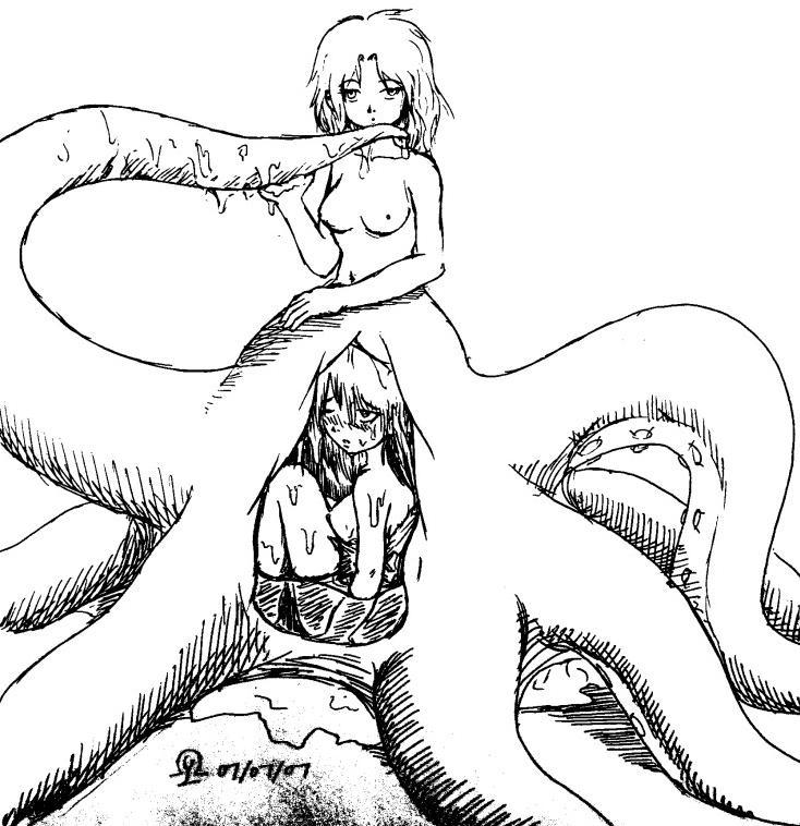 2007 animal_humanoid black_and_white bodily_fluids breasts cecaelia cephalopod cephalopod_humanoid coleoid duo female female_pred female_prey front_view hair holding_tentacle human human_prey humanoid humanoid_pred internal looking_at_viewer mammal marine marine_humanoid mollusk mollusk_humanoid monochrome nude octopodiform post_vore short_hair signature simple_background small_breasts somiad suction_cup tentacles unbirthing vaginal vore white_background