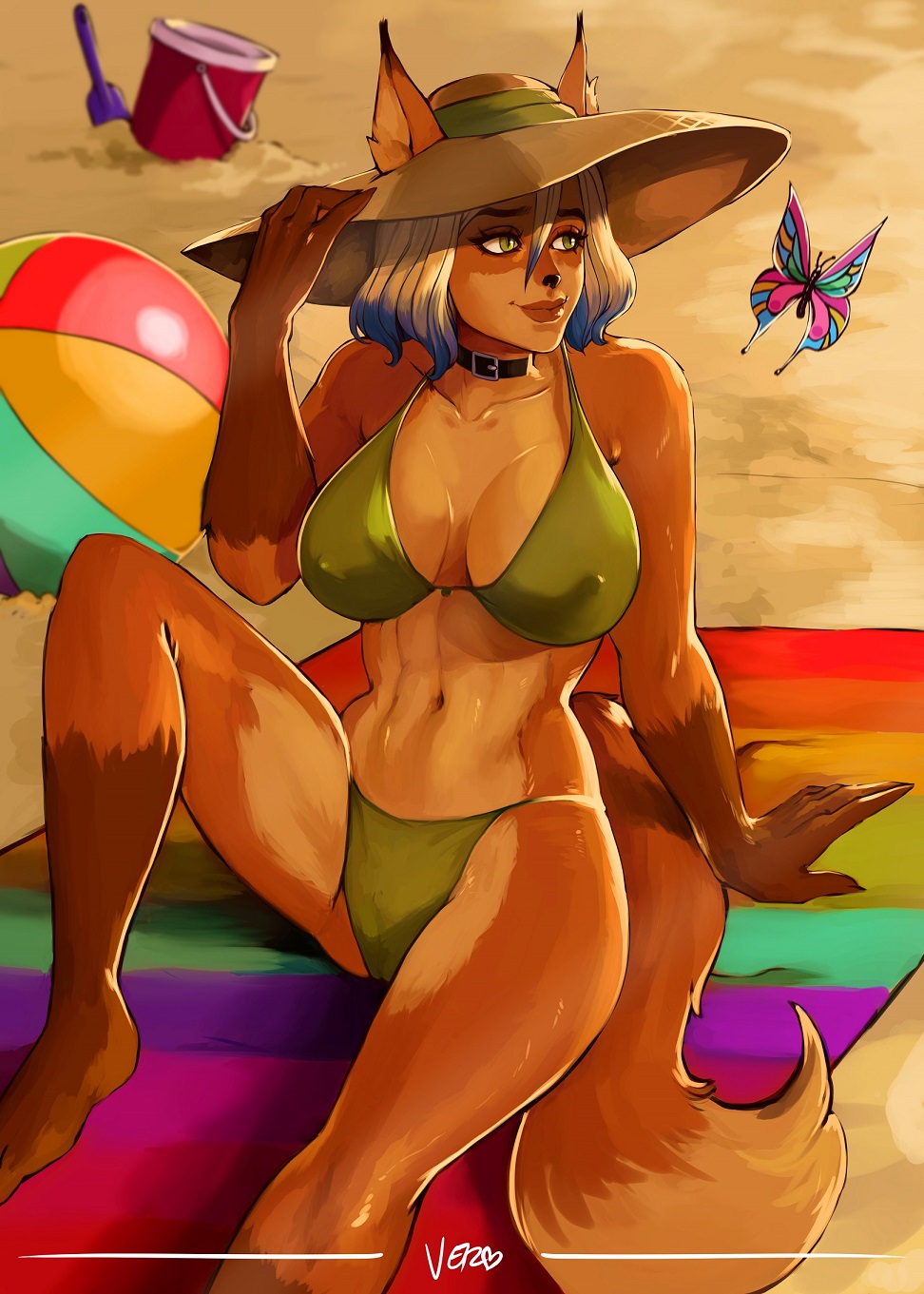 ambiguous_gender anthro arthropod beach big_breasts bikini blonde_hair breasts butterfly canid canine clothing duo elise_(greyhunter) female feral fox hair happy hi_res humanoid_face insect lepidopteran lipstick makeup mammal seaside swimwear theartofvero