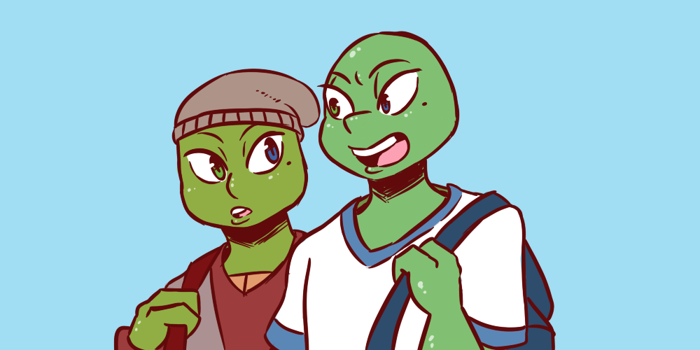 2019 anthro backpack blue_background blue_eyes clothed clothing duo fan_character green_eyes hat headgear headwear heterochromia inkyfrog mole_(marking) open_mouth open_smile reptile scalie shell simple_background smile teenage_mutant_ninja_turtles turtle