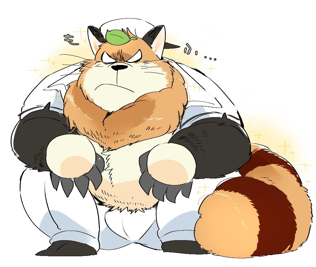 2019 anthro baseball_(sport) baseball_uniform belly bottomwear brown_body brown_fur canid canine clothing doraemon fur hyaku_(artist) japanese_text leaf male mammal overweight overweight_male pants pokoemon_(character) raccoon_dog shirt simple_background sitting solo sport sportswear tanuki text topwear uniform