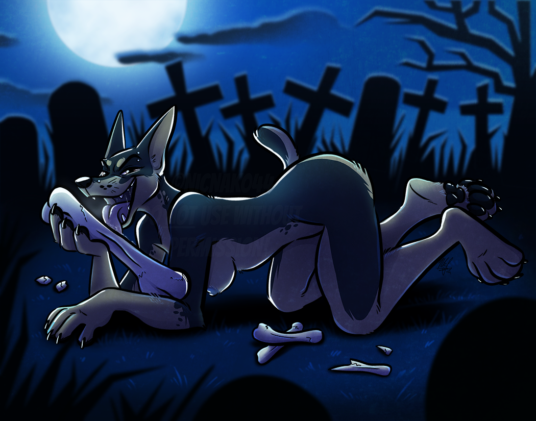 anthro bodily_fluids bone breasts canid canine canis claws digital_media_(artwork) dobermann domestic_dog drooling feet female foxjump fur graveyard jenette mammal moon nicnak044 night nipples nude open_mouth outside paws pinscher pose saliva smile solo toes tombstone tongue tongue_out