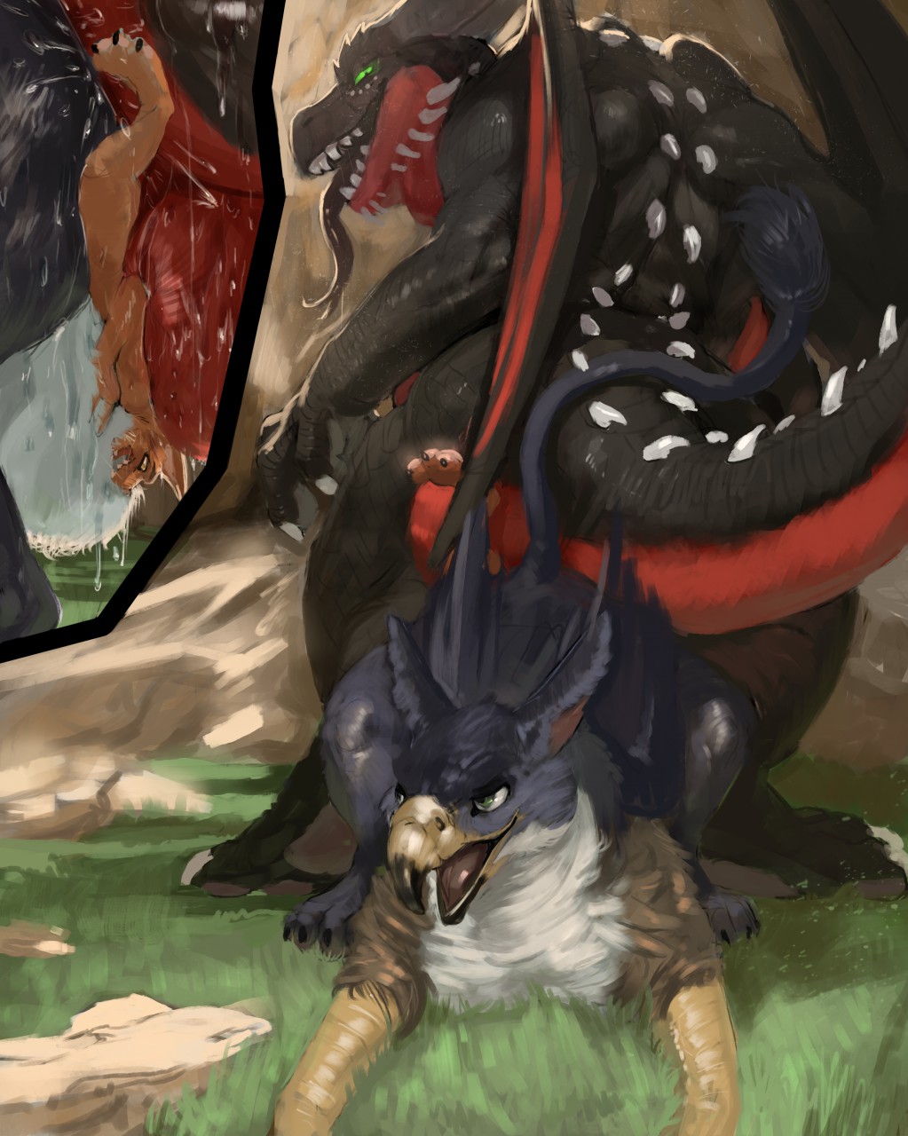 anthro anthro_on_feral anus ass_to_ass avian back_muscles balls balls_touching beak bestiality big_dom_small_sub bodily_fluids butt claws cutaway dragon feathers feral glowing glowing_eyes green_eyes group group_sex gryphon hi_res interspecies killioma larger_anthro larger_feral larger_male macro male male/male mammal micro micro_on_macro mouse murid murine muscular muscular_male musk rodent scalie sex size_difference smaller_anthro smaller_male smothering sweat syrrik threesome tongue torvid two_doms_one_sub wafflemouse