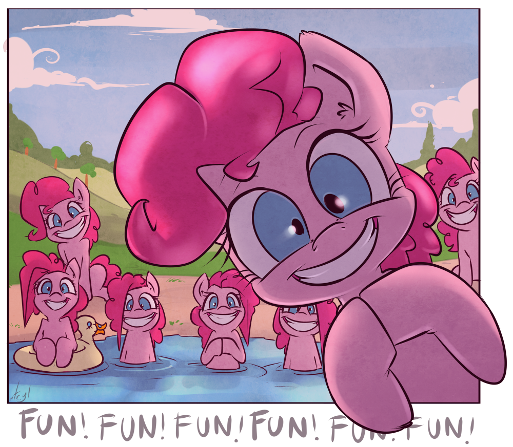 2012 atryl blue_eyes breaking_the_fourth_wall digital_media_(artwork) earth_pony equid equine female feral flotation_device friendship_is_magic fur group hair horse looking_at_viewer mammal my_little_pony pink_body pink_fur pink_hair pinkie_pie_(mlp) pony smile water