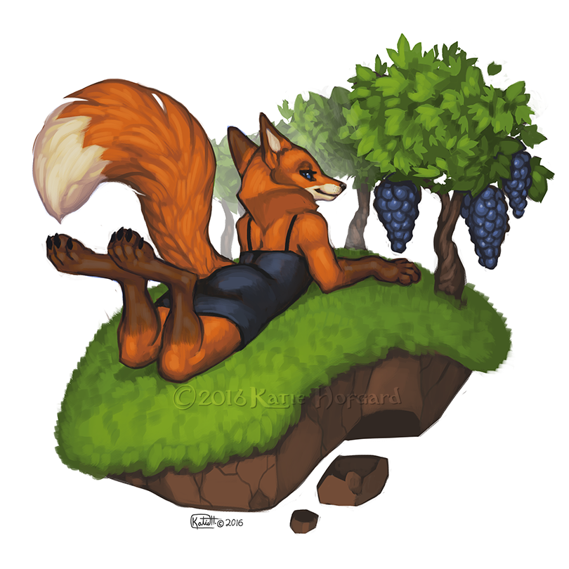 1:1 2016 4_toes 5_fingers anthro blue_eyes canid canine clothed clothing digital_media_(artwork) digitigrade female fingers fox fur grape katie_hofgard lying mammal on_front orange_body orange_fur simple_background solo toes white_background