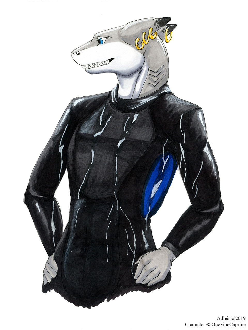 2019 5_fingers adleisio anthro black_ears blacktip_reef_shark blue_eyes carcharhinus clothed clothing countershading dipstick_ears ear_fins ear_piercing ear_ring fin fingers fish gills grey_body grey_ears grey_skin half-length_portrait hands_on_hips hi_res looking_away male marine multicolored_body multicolored_ears multicolored_skin piercing portrait reef_shark requiem_shark shark sharp_teeth simple_background solo standing teeth traditional_media_(artwork) two_tone_body two_tone_ears two_tone_skin wet wetsuit white_background white_belly white_body white_countershading white_skin