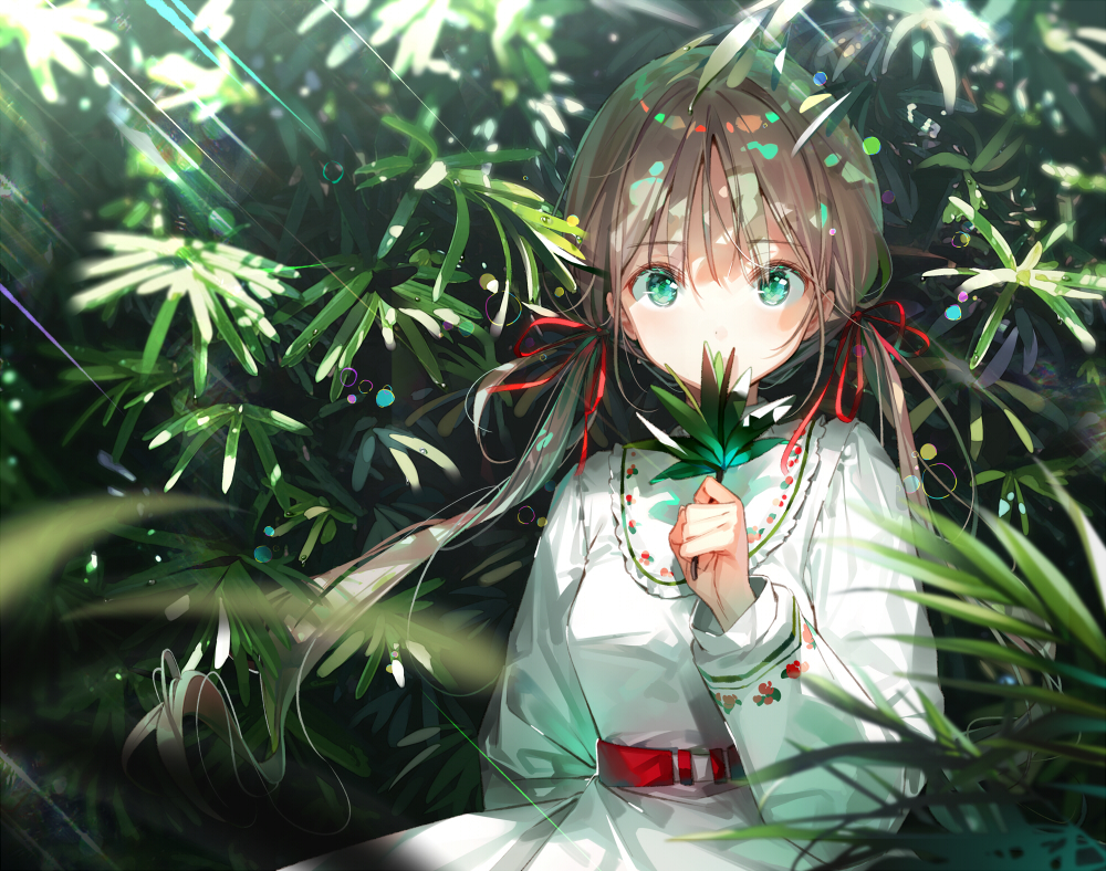 brown_hair dress dsmile green_eyes leaves long_hair original ribbons twintails