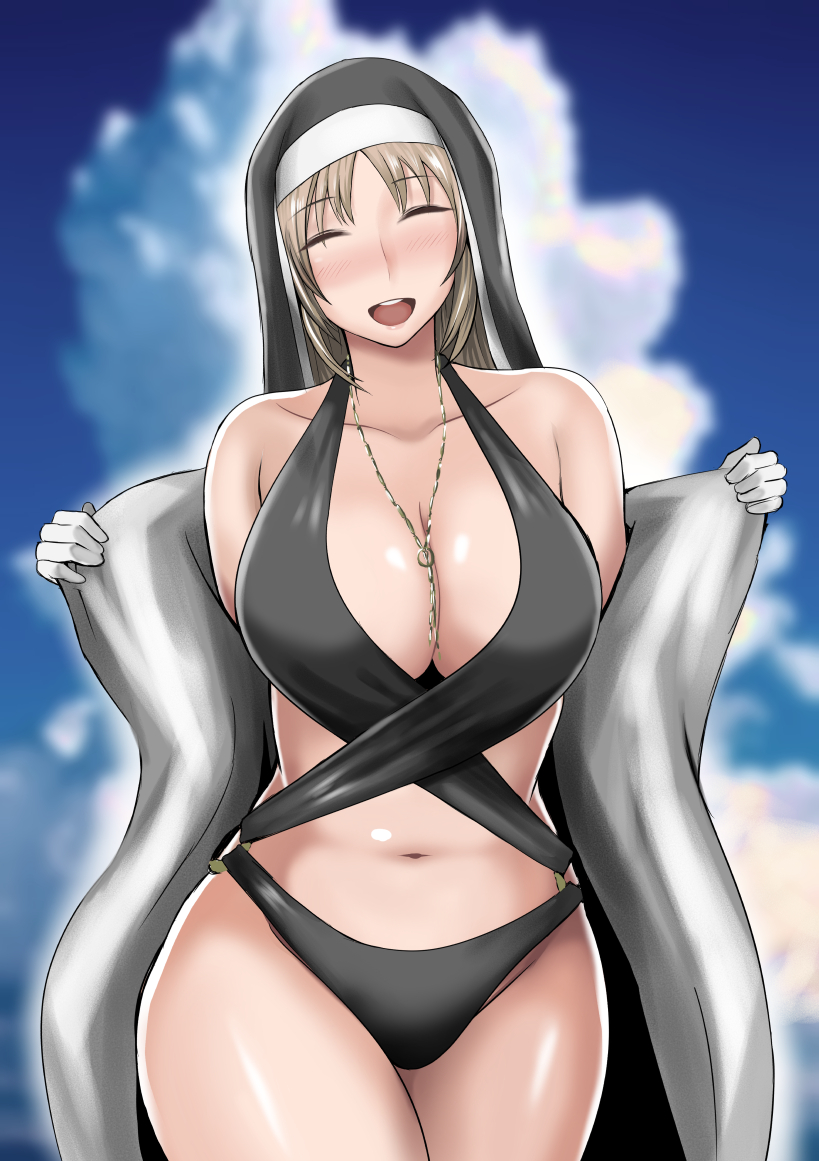 beach black_swimsuit breasts closed_eyes coat collar exposure grey_hair happy large_breasts nijisanji open_mouth shibusun sister_cleaire swimsuit virtual_youtuber