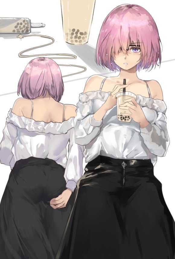1girl ass_grab bare_shoulders black_skirt bubble_tea cafe_au_lait_(kafeore) commentary_request cup enema fate/grand_order fate_(series) glasses grabbing_own_ass hair_over_one_eye holding holding_cup long_skirt mash_kyrielight multiple_views off-shoulder_shirt off_shoulder pink_hair purple_eyes shirt short_hair skirt
