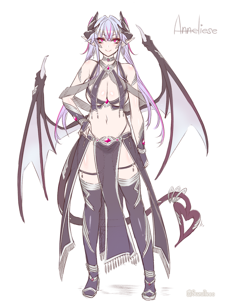 1girl artist_name black_legwear breasts cleavage demon_girl demon_tail demon_wings highres horns large_breasts lavender_hair long_hair midriff navel original pelvic_curtain pink_eyes pointy_ears revealing_clothes simple_background smile solo suzuneko_(yume_no_kyoukai) tail thighhighs twintails white_background wings