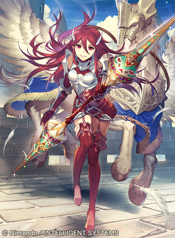 1girl blue_sky breastplate company_name copyright_name cordelia_(fire_emblem) day feathers fire_emblem fire_emblem_awakening fire_emblem_cipher full_body grin hair_ornament holding holding_weapon long_hair official_art outdoors pegasus polearm red_eyes red_hair sky smile solo umiu_geso weapon wing_hair_ornament
