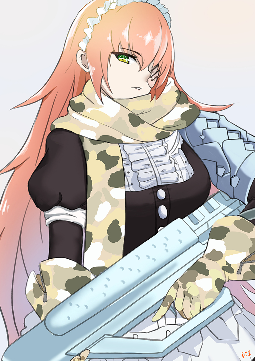 1girl assault_rifle bangs camouflage camouflage_gloves camouflage_scarf cyicheng cz2128_delta eyebrows_visible_through_hair eyepatch gloves green_eyes gun holding holding_gun holding_weapon looking_at_viewer maid maid_headdress overlord_(maruyama) parted_lips pink_hair rifle scarf simple_background solo standing trigger_discipline weapon