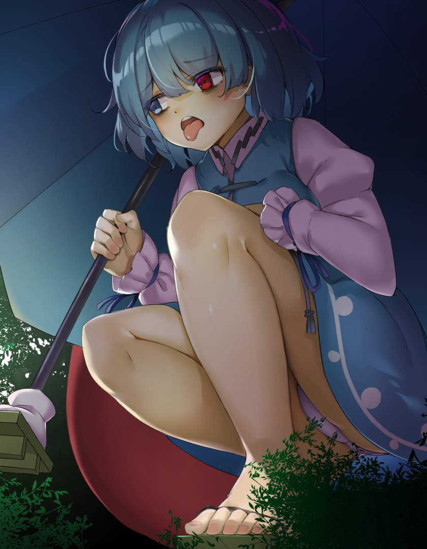 bangs blue_eyes blue_hair blue_skirt blue_vest blush commentary_request geta heterochromia holding holding_umbrella juliet_sleeves karakasa_obake long_sleeves no_socks panties pantyshot pantyshot_(squatting) piyodesu puffy_sleeves red_eyes shirt short_hair skirt squatting tatara_kogasa toenails toes tongue tongue_out touhou umbrella underwear vest white_shirt