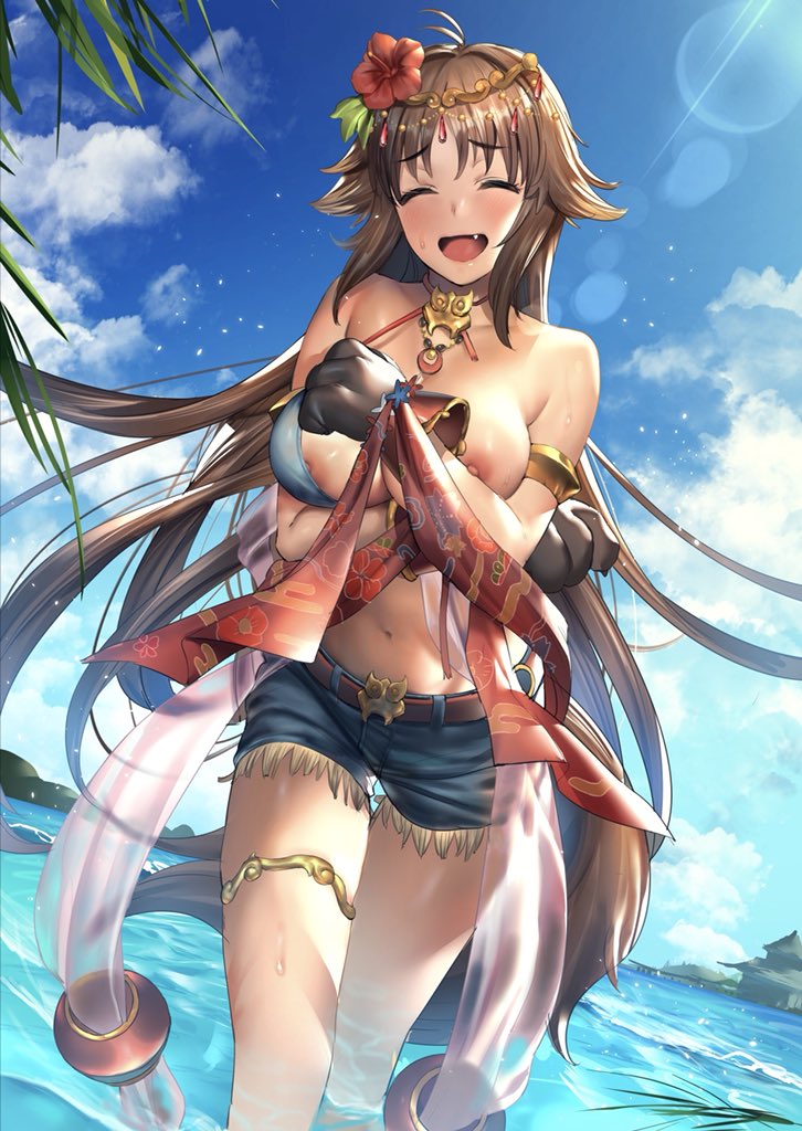 1girl :d animal_ears bangs bare_shoulders belt bikini blue_shorts blue_sky blush breasts brown_hair buckle closed_eyes cloud day eyebrows_visible_through_hair facing_viewer fang hiyashi_yaki kyan_kaori large_breasts long_hair navel nipples open_mouth outdoors paws princess_connect! shorts sky smile solo swimsuit tail thighlet very_long_hair wading wardrobe_malfunction wet