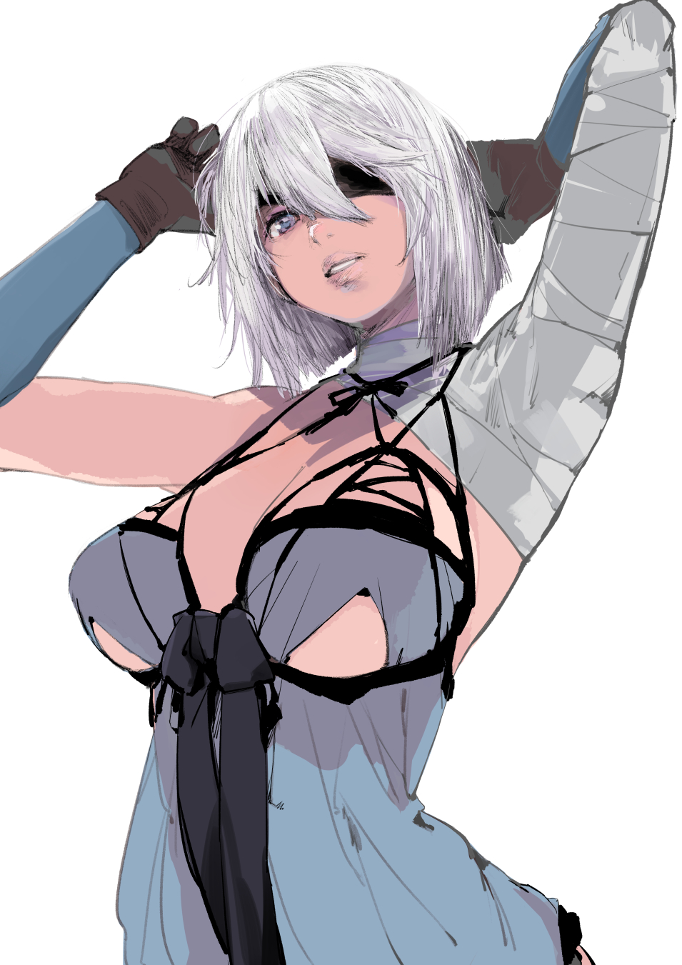 1girl arms_up bandaged_arm bandages black_bow blue_eyes bow breasts brown_gloves gloves hair_between_eyes highres kiriyama nier_(series) parted_lips short_hair simple_background solo white_background white_hair