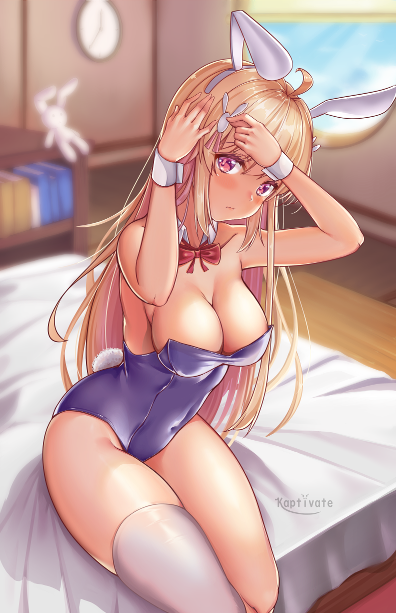 1girl adjusting_hair_ornament ahoge animal_ears artist_name bare_shoulders blonde_hair blurry blurry_background blush bow bowtie breasts bunny_ears bunny_girl bunny_tail bunnysuit cleavage clock collarbone commentary cosplay covered_navel day detached_collar english_commentary erina_(rabi-ribi) erina_(rabi-ribi)_(cosplay) fake_animal_ears hair_ornament hairband hairclip hands_up highres kaptivate large_breasts leotard long_hair looking_at_viewer on_bed purple_leotard rabi-ribi red_eyes red_neckwear ribbon rumi_(rabi_ribi) single_thighhigh sitting solo stuffed_animal stuffed_bunny stuffed_toy tail thighhighs very_long_hair white_hairband white_legwear wrist_cuffs