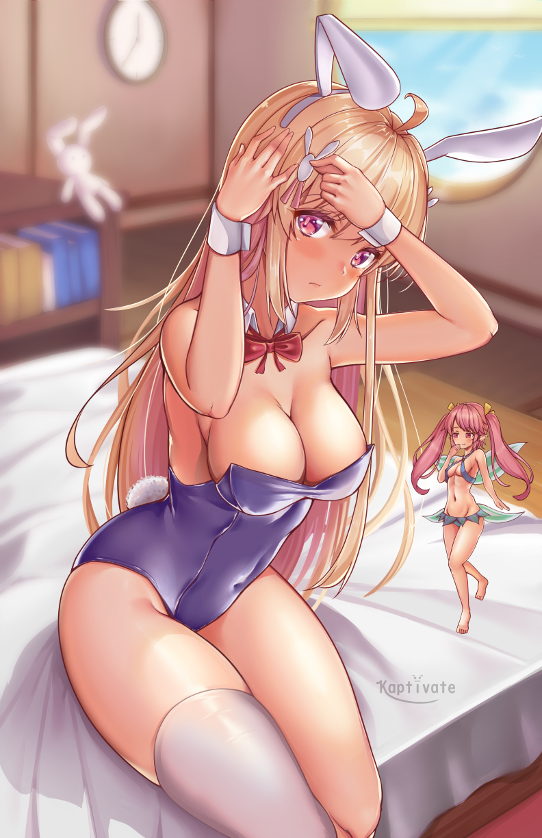 2girls :3 adjusting_hair_ornament ahoge animal_ears artist_name bare_shoulders barefoot blonde_hair blurry blurry_background blush bow bowtie breasts bunny_ears bunny_girl bunny_tail bunnysuit cleavage clock collarbone cosplay day detached_collar erina_(rabi-ribi) erina_(rabi-ribi)_(cosplay) fairy fairy_wings fake_animal_ears groin hair_ornament hair_ribbon hairband hairclip hand_to_own_mouth hands_up highres kaptivate large_breasts leotard long_hair looking_at_viewer minigirl multiple_girls navel on_bed pink_hair pointy_ears purple_leotard rabi-ribi red_eyes red_neckwear ribbon ribbon_(rabi-ribi) rumi_(rabi_ribi) single_thighhigh sitting small_breasts smile stuffed_animal stuffed_bunny stuffed_toy tail thighhighs twintails very_long_hair white_hairband white_legwear wings wrist_cuffs yellow_ribbon