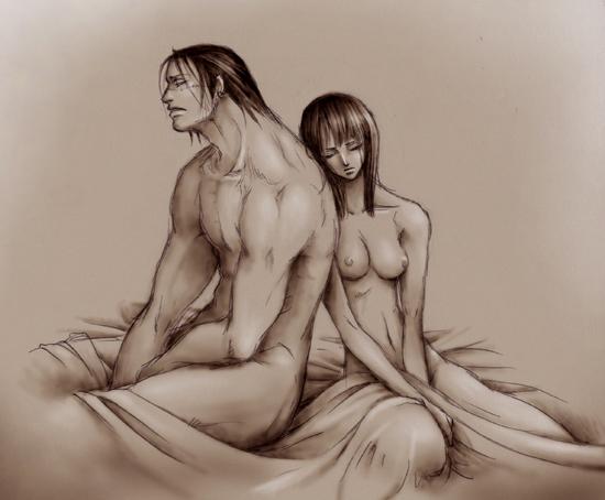 1boy 1girl afterglow baroque_works bed_sheet breasts closed_eyes eyes_closed head_rest monochrome naked nico_robin nipples nude one_piece scar sheets sir_crocodile undressing wrapped_in_sheets