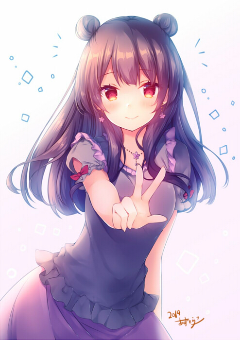 1girl 2019 azu_torako bangs banned_artist black_shirt blush bow brown_hair closed_mouth double_bun earrings eyebrows_visible_through_hair flower_earrings gradient gradient_background jewelry long_hair original outstretched_arm pink_background puffy_short_sleeves puffy_sleeves purple_skirt red_bow red_eyes shirt short_sleeves signature skirt smile solo v white_background