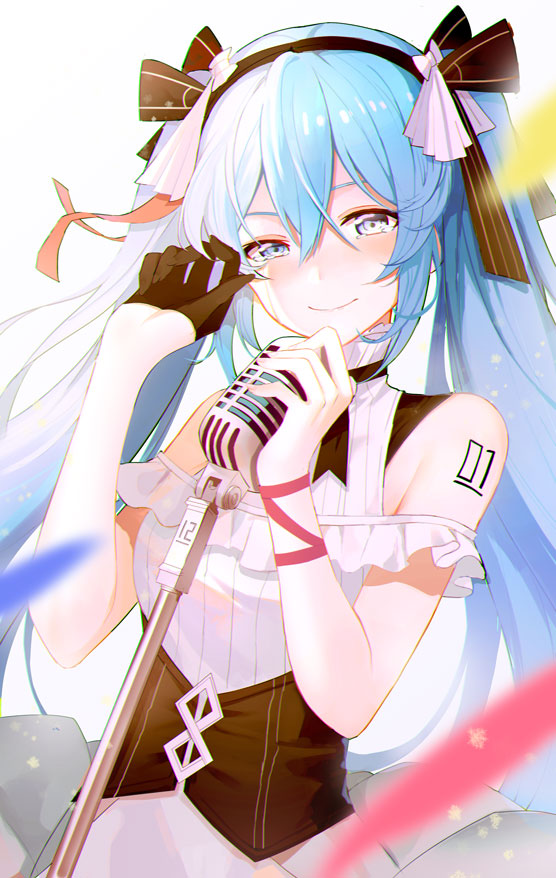 1girl asymmetrical_gloves black_bow black_gloves black_hairband blue_eyes blue_hair bow chinese_commentary closed_mouth commentary floating_hair gloves hair_between_eyes hair_bow hairband half_gloves hatsune_miku holding_microphone_stand long_hair looking_at_viewer luobo_(nsnr8754) pink_ribbon ribbon shiny shiny_hair shirt single_glove sleeveless sleeveless_shirt smile solo standing striped striped_bow tears upper_body very_long_hair vocaloid white_shirt wrist_ribbon