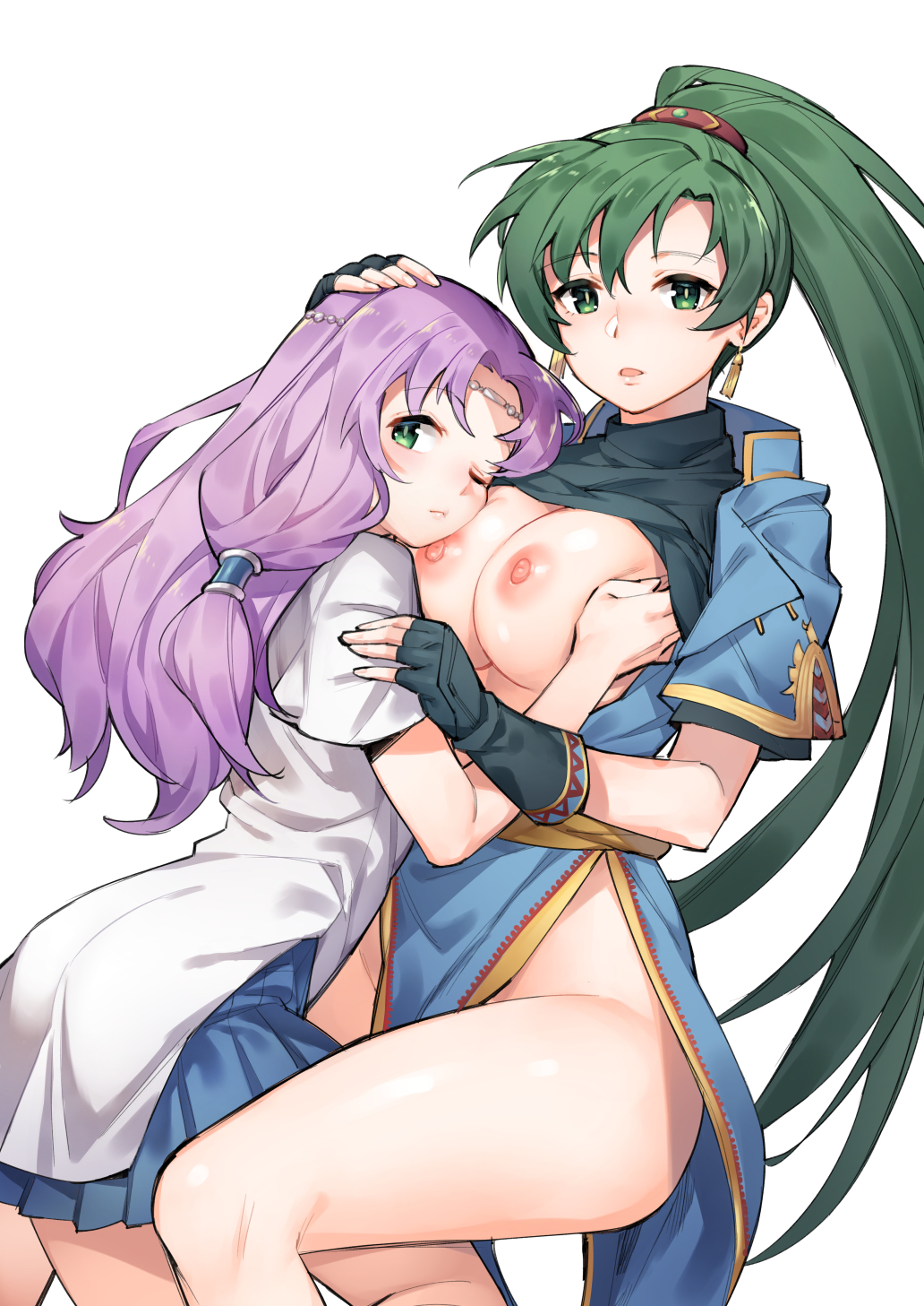 2girls :&lt; black_gloves blue_dress breasts bright_pupils circlet dress earrings fingerless_gloves fire_emblem fire_emblem:_the_blazing_blade florina_(fire_emblem) gebyy-terar gloves green_eyes green_hair hand_on_another's_head highres jewelry large_breasts long_hair looking_at_viewer lyn_(fire_emblem) multiple_girls nipples no_panties one_eye_closed parted_lips pelvic_curtain pleated_skirt ponytail purple_hair shirt_lift simple_background skirt yuri