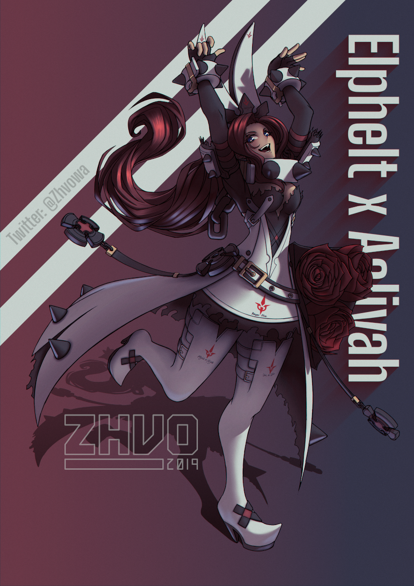 1girl 2019 aaliya_(rangertrue) arms_up blue_eyes boots breasts character_name cleavage coattails commission cosplay elphelt_valentine elphelt_valentine_(cosplay) flower full_body guilty_gear guilty_gear_xrd hat high_heel_boots high_heels highres long_hair open_mouth original outstretched_arms pointy_shoes red_hair rose running shoes solo spikes thigh_boots thighhighs twitter_username very_long_hair white_footwear zhvo zombie_pose