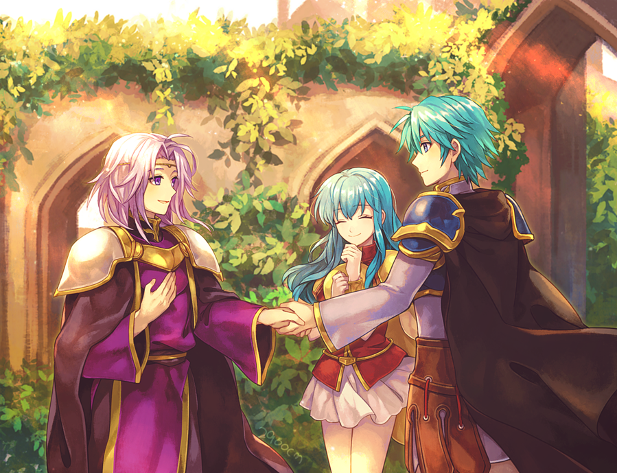 1girl 2900cm 2boys aqua_hair artist_name breastplate brother_and_sister cape circlet closed_eyes closed_mouth eirika_(fire_emblem) ephraim_(fire_emblem) fire_emblem fire_emblem:_the_sacred_stones from_side handshake leaf long_hair long_sleeves lyon_(fire_emblem) multiple_boys parted_lips purple_eyes purple_hair short_hair shoulder_armor siblings skirt smile white_skirt wide_sleeves