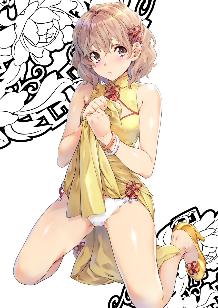 1girl bare_arms bare_shoulders china_dress chinese_clothes closed_mouth commentary_request dress earrings eyebrows_visible_through_hair floral_background full_body hair_between_eyes hair_ornament hanasaku_iroha high_heels highres jewelry kneeling lifted_by_self light_brown_eyes light_brown_hair looking_at_viewer matsumae_ohana nagayori panties short_hair side_slit sleeveless sleeveless_dress solo thighs underwear white_background white_panties yellow_dress