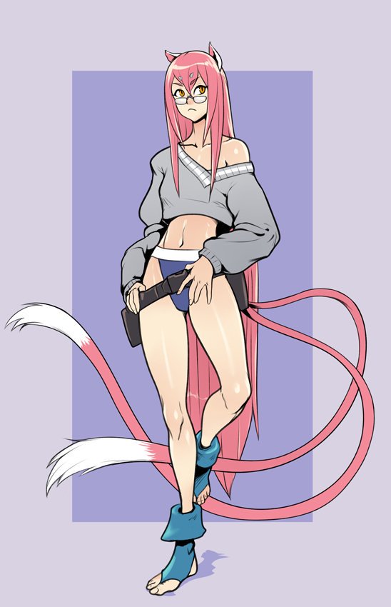 1girl :&lt; alternate_hairstyle ankle_boots blazblue blue_footwear blue_shorts boots casual cat_tail commission crop_top extra_ears extra_eyebrows eyebrows_visible_through_hair flat_chest full_body glasses hair_between_eyes hair_down holster izra kokonoe legs long_hair long_legs micro_shorts multiple_tails navel off-shoulder_sweater off_shoulder orange_eyes pince-nez pink_hair purple_background shorts slit_pupils solo standing standing_on_one_leg sweater tail toeless_boots toes very_long_hair very_long_tail