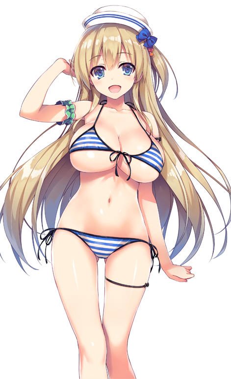 1girl arms_up bikini blonde_hair blue_eyes breasts commentary_request hat large_breasts long_hair looking_at_viewer open_mouth original ribbon simple_background solo string_bikini striped striped_bikini swimsuit tomose_shunsaku white_background