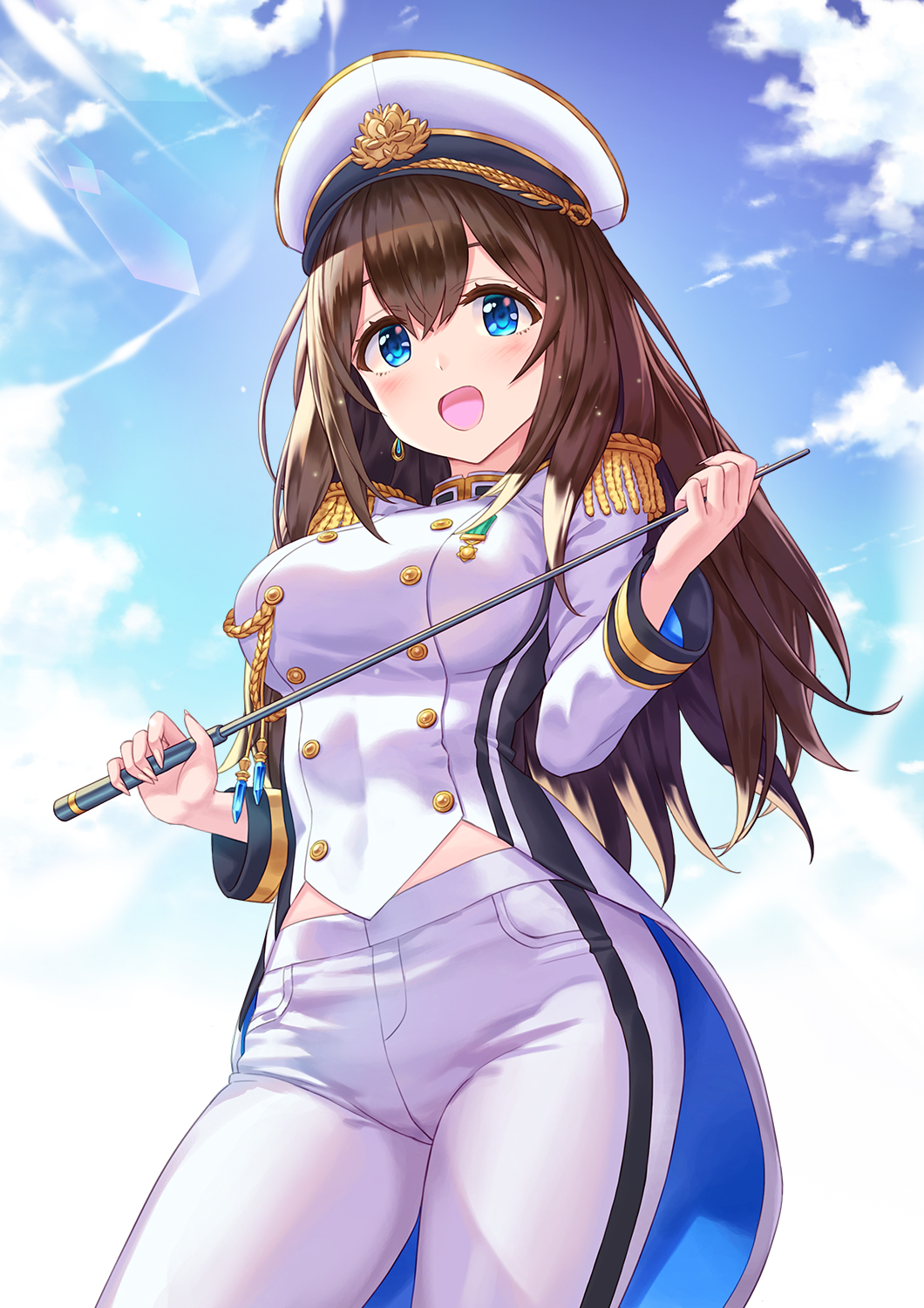 1girl aiguillette blue_eyes blue_sky blush breasts brown_hair buttons coattails earrings epaulettes hat hhama highres idolmaster idolmaster_cinderella_girls idolmaster_cinderella_girls_starlight_stage jacket jewelry large_breasts long_hair long_sleeves looking_at_viewer military military_hat military_uniform naval_uniform open_mouth pants peaked_cap pointer sagisawa_fumika seizon_honnou_valkyria sky solo uniform white_headwear white_jacket white_pants