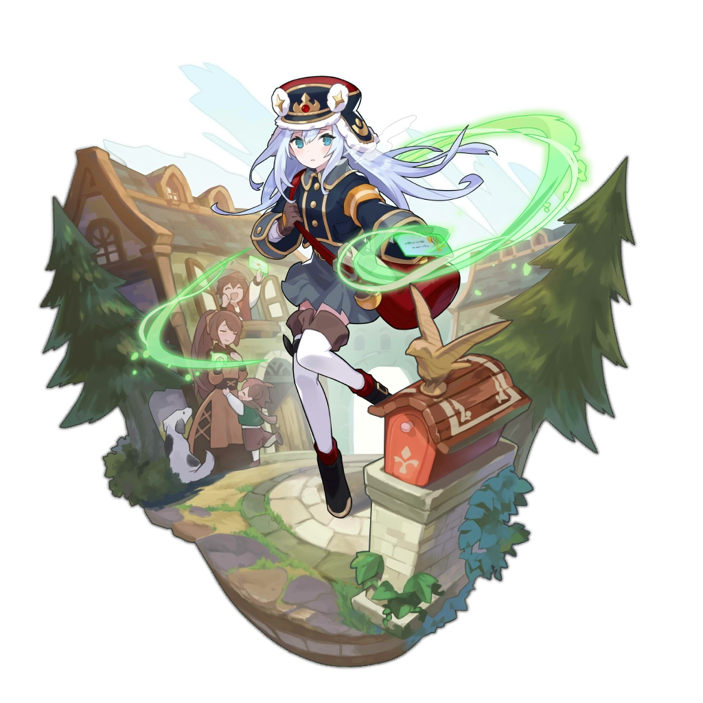 2boys 2girls animal bag blue_eyes day dog dragalia_lost envelope full_body gloves hat letter long_hair looking_at_viewer magic mail mailbox_(incoming_mail) mailman multiple_boys multiple_girls noelle_(dragalia_lost) official_art open_mouth outdoors saitou_naoki shoulder_bag skirt thighhighs town transparent_background tree white_hair
