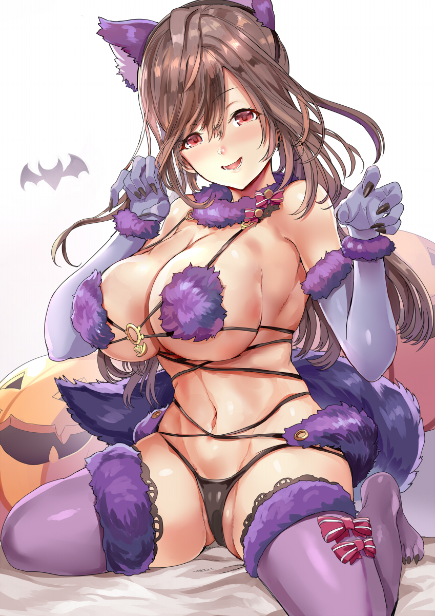 1girl animal_ears bangs bare_shoulders black_nails black_panties blush bow breasts brown_hair claw_pose claws cleavage cosplay dangerous_beast elbow_gloves fate/grand_order fate_(series) fur-trimmed_gloves fur-trimmed_legwear fur_collar fur_trim gloves highres himuro_(dobu_no_hotori) idolmaster idolmaster_shiny_colors jack-o'-lantern lace lace-trimmed_legwear large_breasts long_hair looking_at_viewer mash_kyrielight mash_kyrielight_(cosplay) nail_polish navel o-ring open_mouth panties pink_bow pink_eyes pumpkin purple_gloves purple_legwear revealing_clothes smile solo swept_bangs tail thighhighs thighs tsukioka_kogane underwear wolf_ears wolf_girl wolf_tail