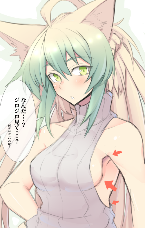 1girl ahoge animal_ear_fluff animal_ears arrow atalanta_(fate) bare_shoulders blonde_hair blush breasts cat_ears cow fate/apocrypha fate/grand_order fate_(series) green_hair hair_between_eyes hand_on_hip long_hair looking_at_viewer medium_breasts meme_attire multicolored_hair nahu sideboob solo translation_request