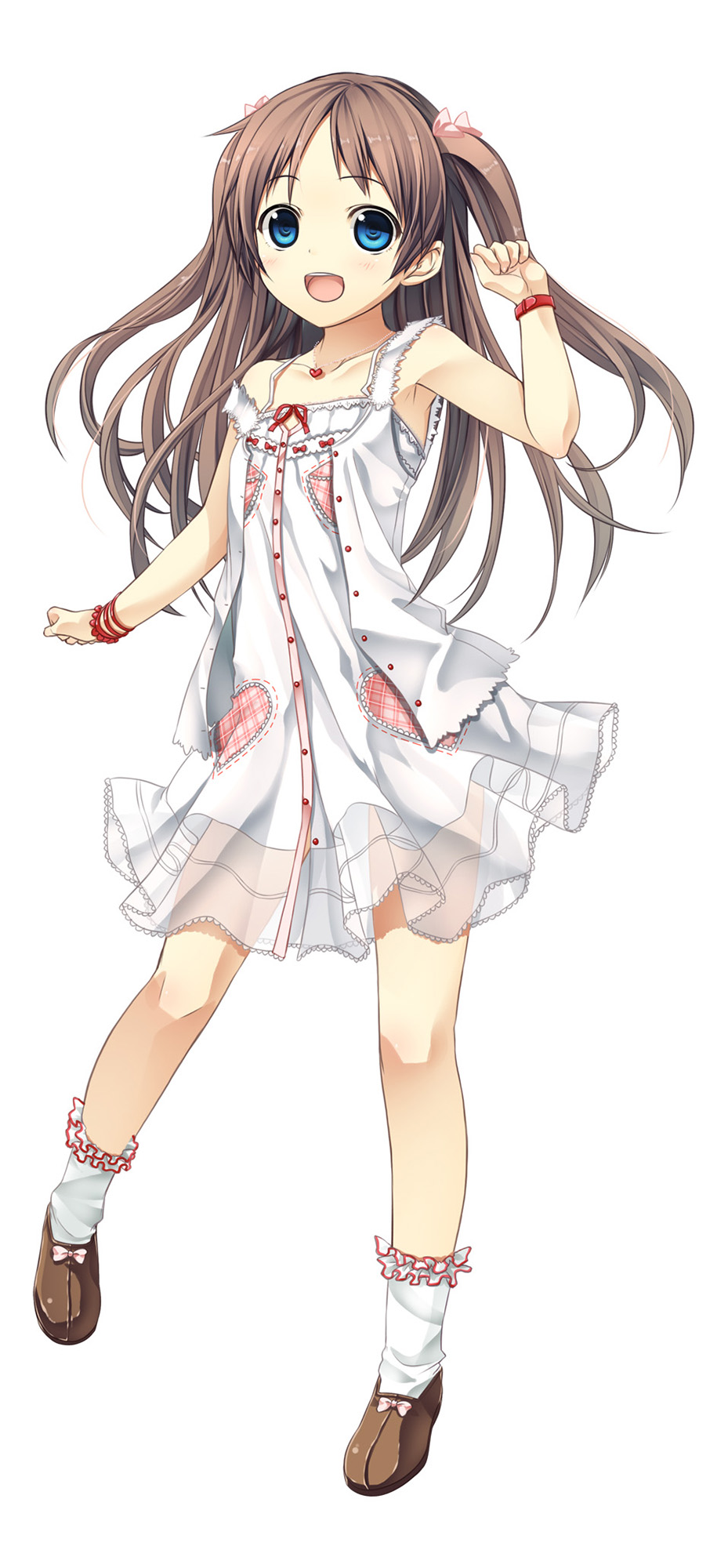 1girl ayakashi_kyoushuutan bangs blue_eyes bracelet brown_footwear brown_hair cura dress flat_chest full_body hand_up heart highres jewelry long_hair monobeno official_art open_mouth parted_bangs sawai_natsuha see-through simple_background smile socks solo standing two_side_up white_background white_dress white_legwear wristband