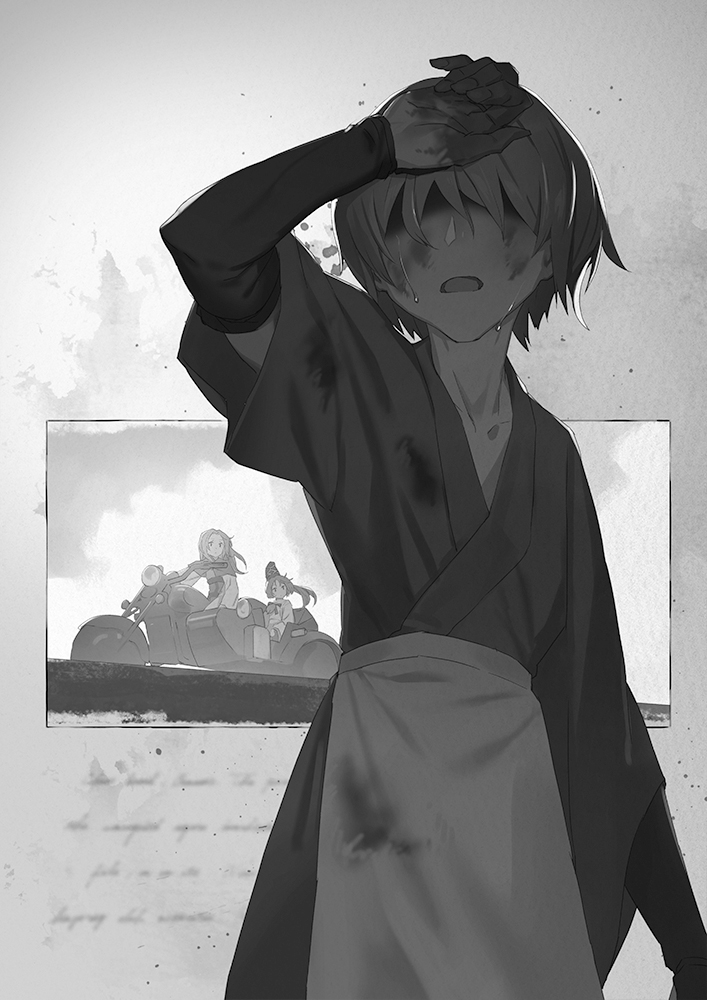 2girls blood blood_stain bloody_clothes bloody_hands character_request covered_eyes crying detached_sleeves dirty dirty_face driving ground_vehicle hat holding holding_hat kumoi_ichirin long_hair monochrome mononobe_no_futo motor_vehicle motorcycle multiple_girls ponytail shaded_face stain tate_eboshi tears touhou writing yamamomo_(plank)