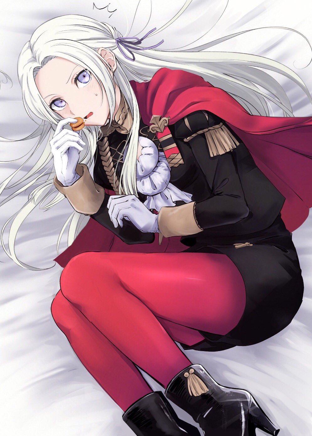 1girl bed blonde_hair blue_eyes blush candy cape cravat doku_ringo36 edelgard_von_hresvelg fire_emblem fire_emblem:_three_houses food garreg_mach_monastery_uniform gloves hair_ornament hair_ribbon highres long_hair looking_at_viewer pantyhose red_cape ribbon simple_background solo uniform