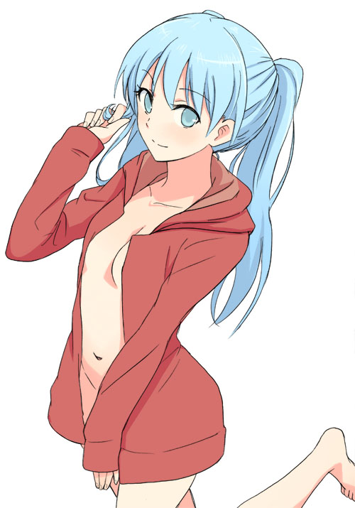 1girl barefoot blue_hair breasts character_request closed_mouth commentary_request copyright_request feet groin hyakuen_raitaa long_hair looking_at_viewer navel simple_background solo twintails white_background