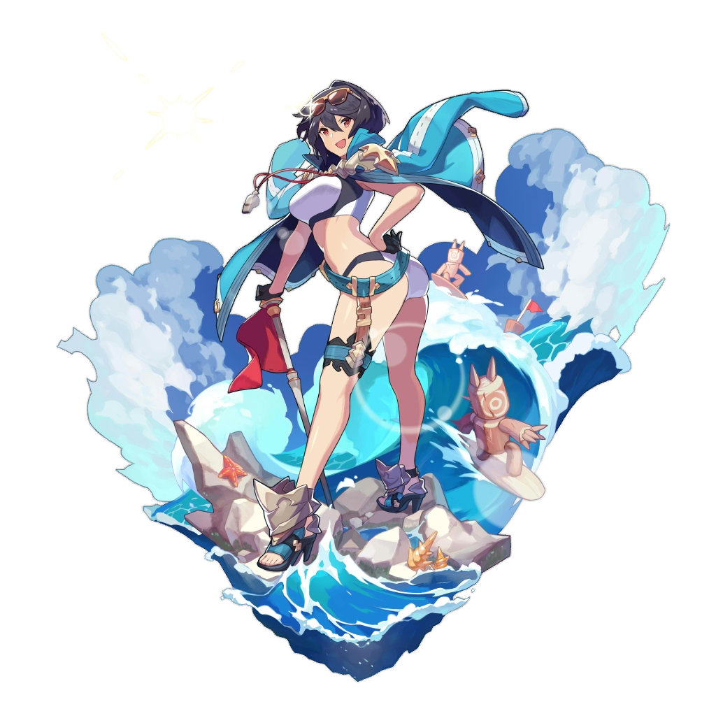1girl ass belt black_hair breasts celliera dragalia_lost eyewear_on_head flag garters hand_on_hip high_heels jacket_on_shoulders large_breasts lens_flare looking_at_viewer non-web_source ocean official_art open_mouth saitou_naoki sandals short_hair smile solo sports_bra sunglasses surfing swimsuit target transparent_background water waves